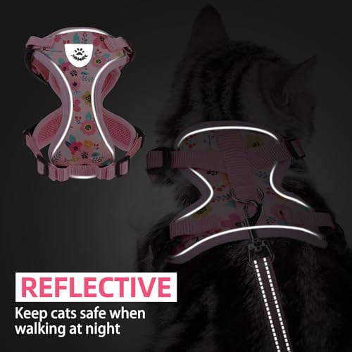 Cat Harness and Leash Set Escape Proof Reflective Cat Walking Harness Adjustable Soft Breathable Mesh Vest for Small Pets (S (NECK 9.5"-11", CHEST 13"-16") / Pink Flowers)