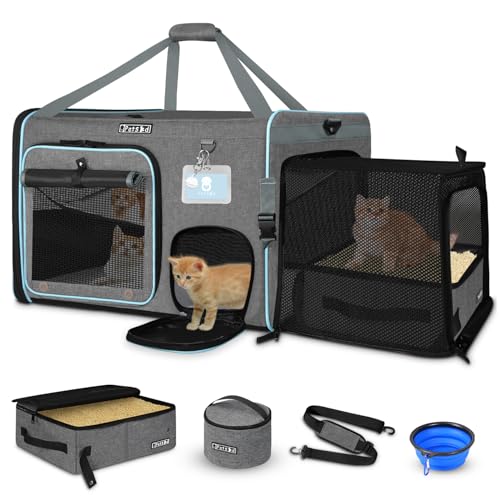 Side Expandable Extra Large Cat Carrier with Litter Box (grey)