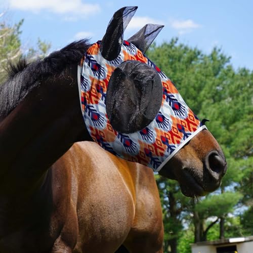 Super Comfort Stretchy Fly Mask Large Eye Space with UV Protection Soft on Skin with Breathability Tribe Feather Full Size (Full(Large) / Tribe Feather)