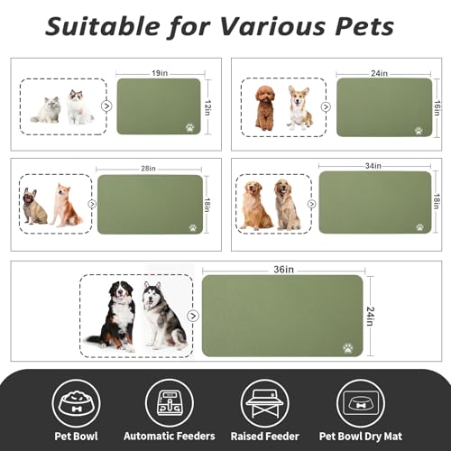 Dog Food Mat Absorbent Cat Mat for Food and Water (Paw Green / 24"L x 16"W)