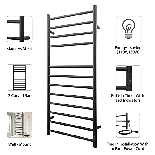 Towel Warmer Wall Mounted with Built (12 Bars / Matte Black)