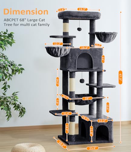 68" Multi Level Large Cat Tree Tower for Indoor Cats (Grey)