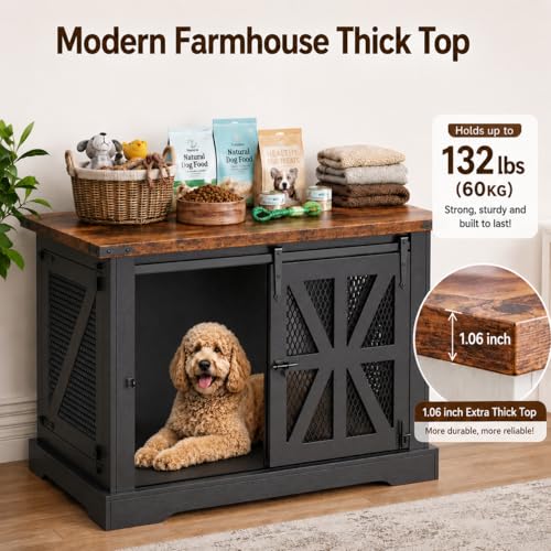 43.3" Dog Crate Furniture with Sliding Doors for Large Dogs Up to 55 lbs (Black / 43.3"L x 31.5"W x 37.2"H)