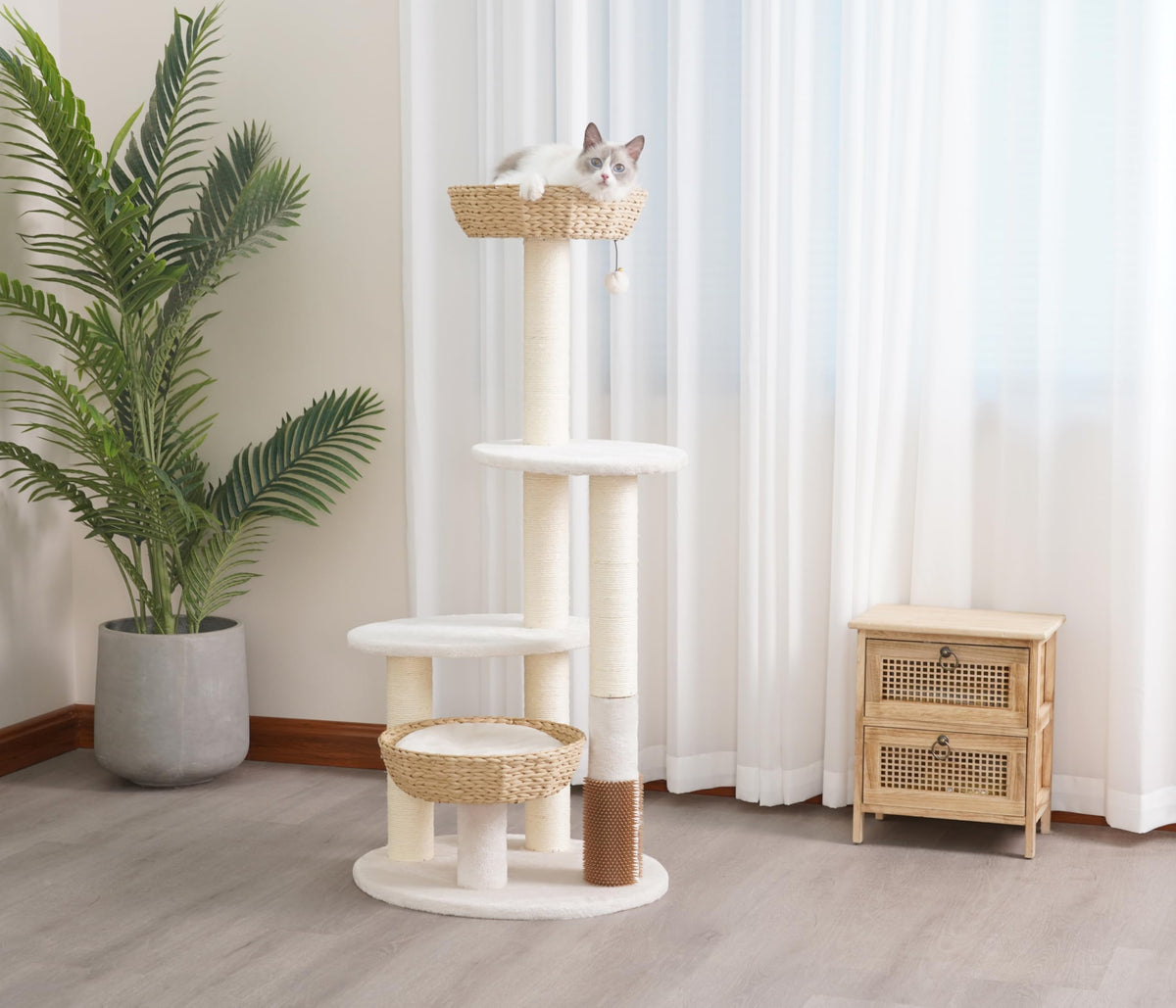 Handwoven Cat Tree with 2 Basket Beds & Sisal Scratching Posts (Beige)