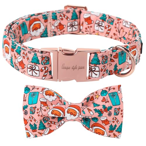 Christmas Day Dog Collar with Bow Pink Christmas Man Cotton Puppy Collars for Small Medium Large Dogs (Extra Small / Old man gift bow)