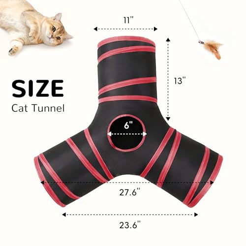 Cat Tunnel, 3-Way Collapsible Toy for Indoor Cats, Black & Red (Black & Red / Small)