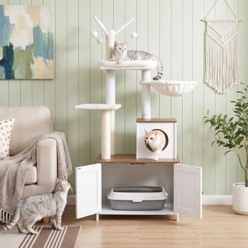 Cat Tree with Litter Box Enclosure for Indoor (White + Walnut)