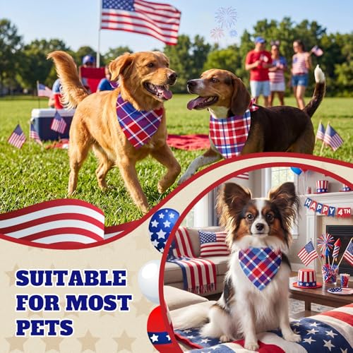 50 Pcs Veterans Day Dog Bandanas Bulk (Red White Blue Plaid / 25.6 x 17.7 x 17.7")