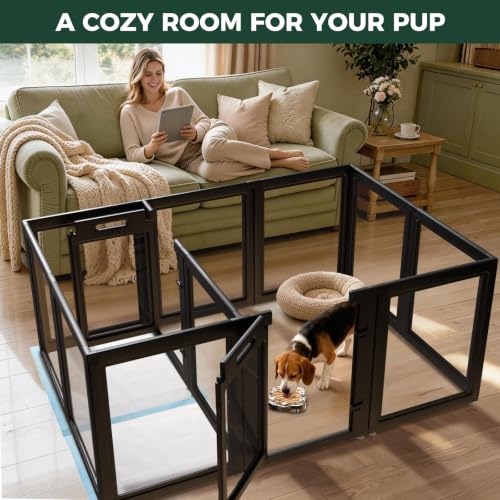 AuraSpace Acrylic Dog Playpen System with Lick Mat (Black / 35"H)