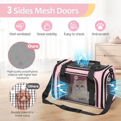 Cat Dog Carrier Up to 15 Lbs TSA Airline Approved Pet Carrier for Small Medium Cats Puppies Dog Carriers for Small Dogs Collapsible Soft Sided Cat Travel Carrier (15.8"L x 10.2"W x 10.2"H / Pink)
