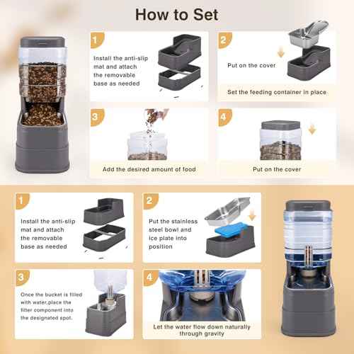 2 Pack Automatic Cat Feeder and Water Dispenser 1.3 Gallon Dog Gravity Food Feeder and Water with Ice Pack Stainless Steel Dry Food and Water Bowl for Small Medium Large Pets (Grey)