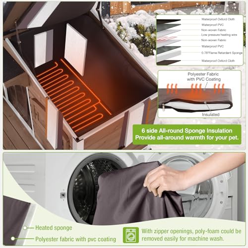 Heated Dog House Outdoor with Proch Weatherproof Dog Kennel with Heating Pad Anti
