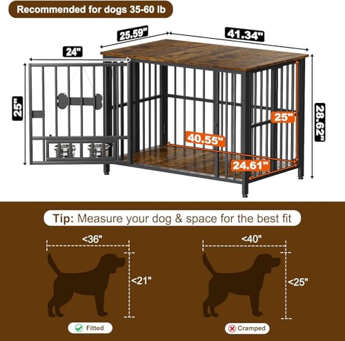 Foldable Dog Crate Furniture for Large Dogs 35 (Rustic Brown / 41.3"L x 25.6"W x 28.6"H)