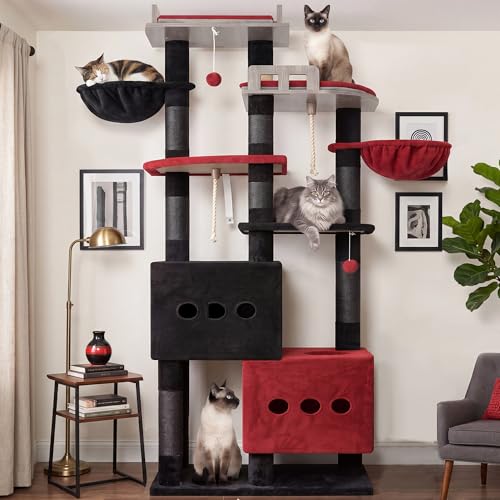 Sturdy Cat Tree Tower with 2 Large Condos (74.8 inches / Black and red)