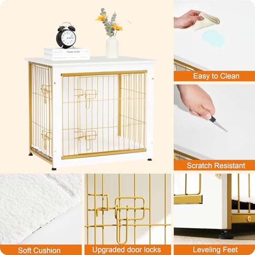 27" Dog Crate Furniture (White+Gold / 27.2"L x 20.1"W x 23.6"H)