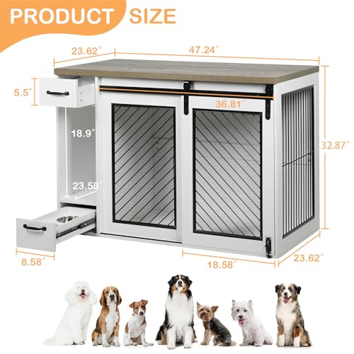 47.2" Heavy Duty Indoor Wood Dog Crate Furniture for Extra Large Dogs White (47.2"L x 23.6"W x 32.9"H / White)