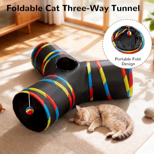 Cat Tunnel, 3-Way Collapsible Toy for Indoor Cats, Black & Rainbow (Black & Rainbow / Small)