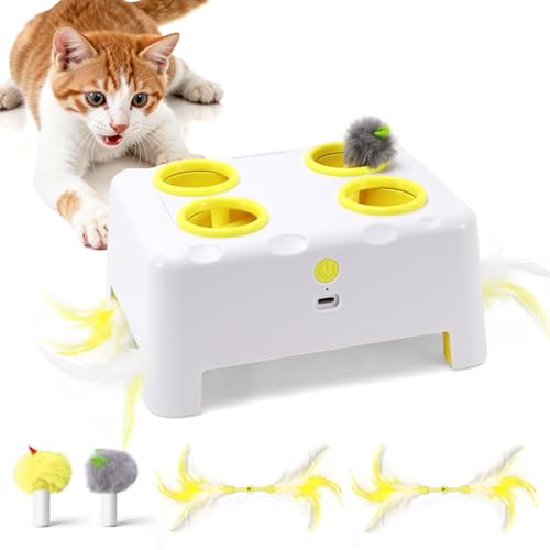 Interactive Cat Feather Toy Cheese Box 3in1 Whack a Mole (White)