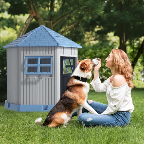 Dog House Indoor Outdoor Durable Large Dog Shelter with Outside Dog Kennel with Window and Elevated Floor for Small Medium Dogs (Blue-2 / 34.8*30.51*36.89)