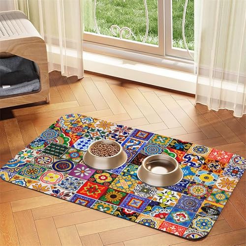 Bohemian Chic Floral Dog Food Mat Waterproof Pet Cat Placemat (Bohemian Chic Floral / 17.7"L x 17.7"W)