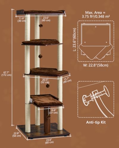 67.7" Wooden Cat Tree for Large Cats (Rustic Brown / 23.6"L x 22.8"W x 67.7"H)