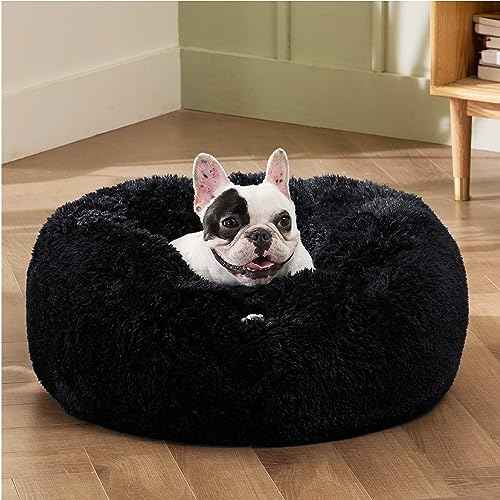 Calming Small Medium Dog Bed Donut Washable Puppy Bed (27"L x 27"W x 8"Th / Black)