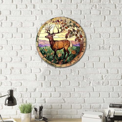 Metal Sign Tin Sign Circular Stained Glass Deer Metal Sign for Club 12×12 Inches (12×12 Inches / Deer-1)