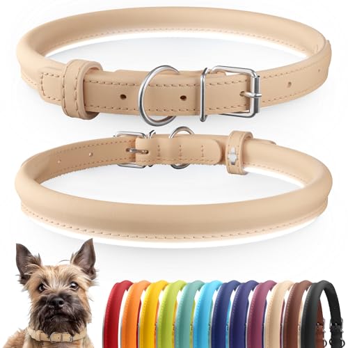 Tangle Free Reflective Leather Dog Collar (Beige / S)