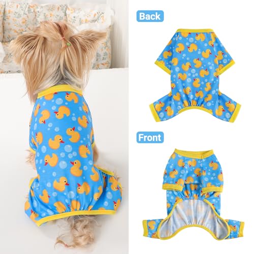 Dog Pajamas Small Sized Dogs Stretchable Summer Dog Clothes Pjs 4 Legs Girl Boy Cute Soft Puppy Outfits Doggie Cat Jammies Jumpsuit Sleeper for Pet (Blue Duck / Small (Chest 13in ))