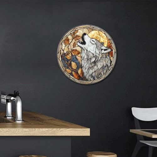 Metal Sign Tin Sign Circular Stained Glass Gray Wolf Funny Outdoor Decor for Gift 8×8 Inches (8×8 Inches / Gray Wolf-2)