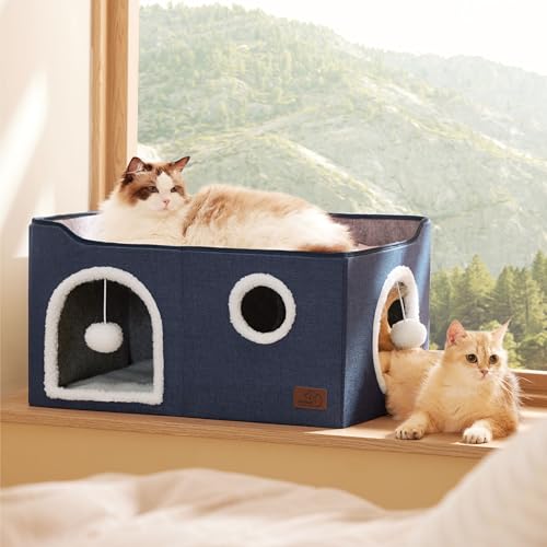 Extra Wide Cat House Bed with Fluffy Ball and Scratch Pad (Blue / Widen)