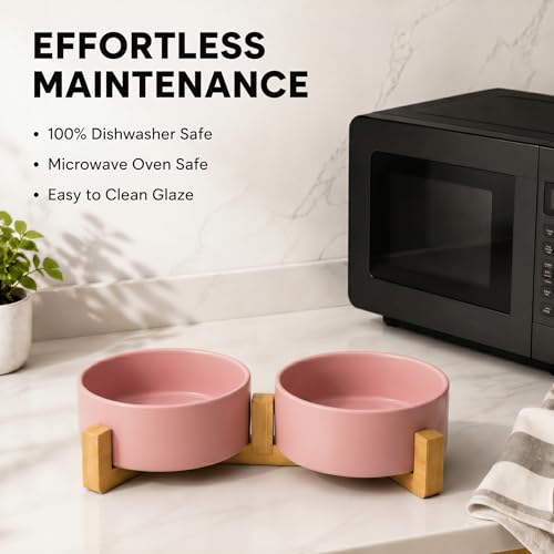 Ceramic Dog and Cat Bowl with Wood Stand Non (1.7 cups / Pink × 2)
