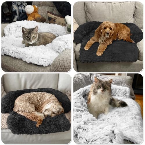 Calming Dog Bed Fluffy Plush Dog Mat for Furniture Protector with Removable Washable Cover for Large Medium Small Dogs and Cats (Light Grey / 31.0"L x 23.5"W x 5.0"Th)