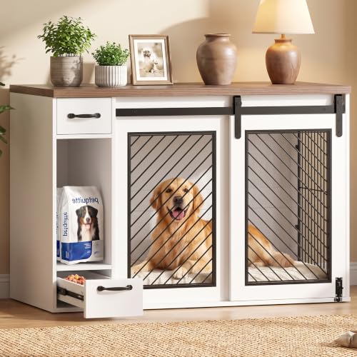 47.2" Heavy Duty Indoor Wood Dog Crate Furniture for Extra Large Dogs White (47.2"L x 23.6"W x 32.9"H / White)