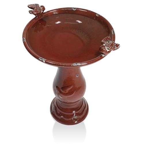 25" Tall Outdoor Antique Ceramic Birdbath with 2 Bird Figurines (Red)