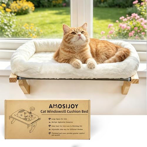 Wooden Cat Windowsill Perch with Zipper Cushion Bed (White / 22''L X 15''W)