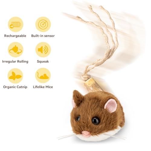 Interactive MigiMouse Cat Toy 360° Rolling & Spin with Wiggling Tail for Indoor Cats Smart Motion Sensor