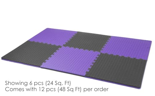 1" Extra Thick 48 sq ft Reversible EVA Gym Foam Floor Mat Tiles (Black/Purple)