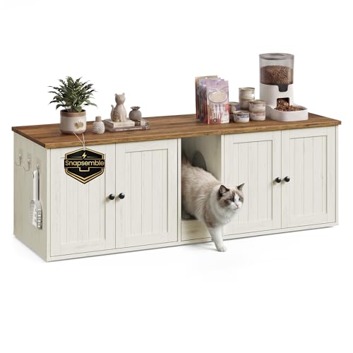 Toolless Assembly Litter Box Enclosure (Rustic White + Honey Brown / XXL (57.8"L x 19.7"W x 19.7"H))