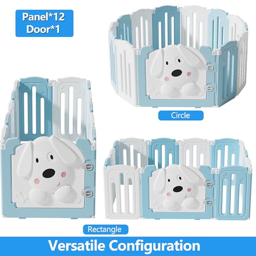 Foldable Puppy Play Pen Indoors with Cute Dog Pattern Door (blue&white / 12 Fence Panels+1 Door)