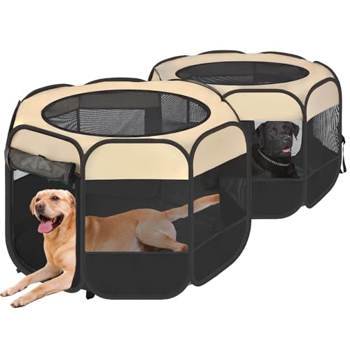 2-in-1 Pop Up Dog Playpen Cat Pet Puppy Playpen, Non-Detachable (Beige / 83.5"L x 41.4"W x 32.3"H)