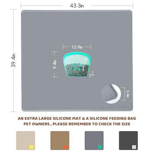 Extra Extra Large Silicone Dog Food Mat 39.4×43.3in and 128oz Silicone Bag Set (39.4"L x 43.3"W / Cool Grey Mat & Teal Bag)
