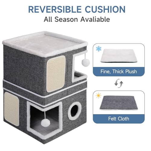 2 Story Cat House beds for Indoor Cats with Scratch Pads Grey (Grey / Double)