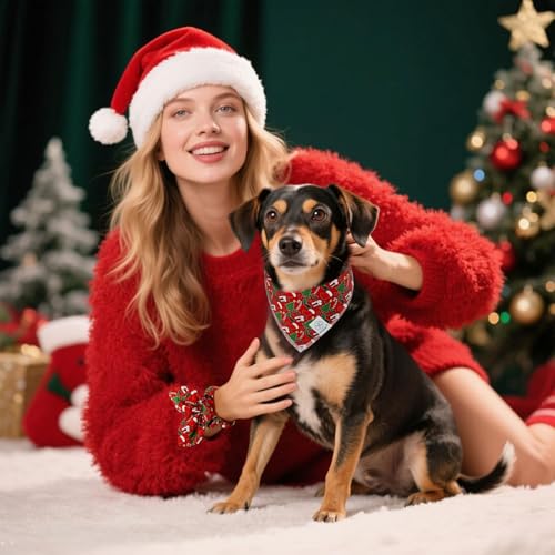 Christmas Dog Bandanas & Matching Scrunchie Set Green Red Dog Scarf Bibs Pet Bandana with Bow Tie for Medium Large Dogs Owner Mom Winter (red green xmas / Large)