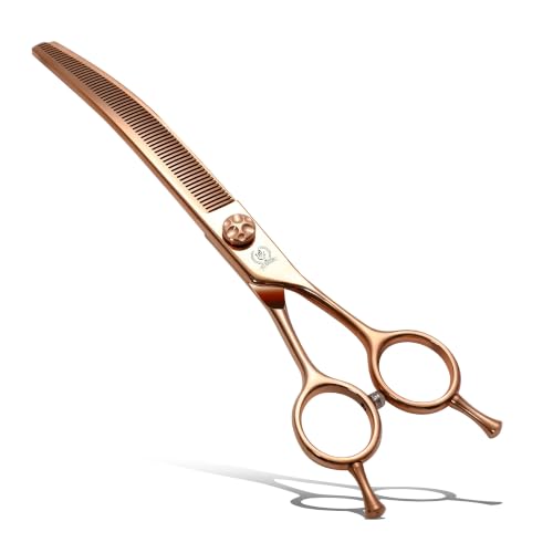 Professional Dog Grooming Scissors Pet Curved Thinning Shears 7.0'' Extremely Sharp Blades 440C Steel Thinning Scissors Durable Smooth Motion & Fine Cut for Dogs and Cats (Rose Gold)