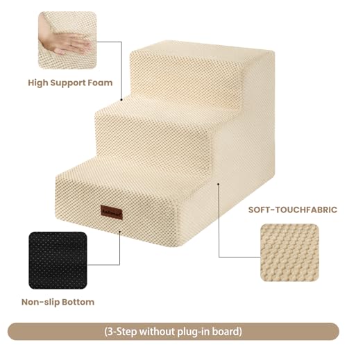Dog Stairs for Small Dogs (Beige / Wider 3-Step 15.7" H)
