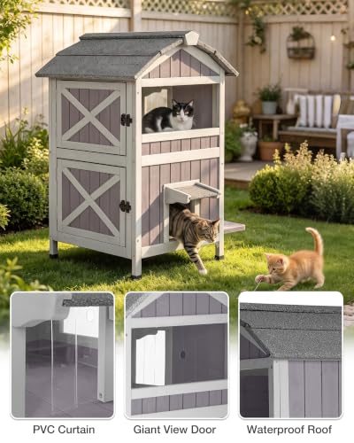 Outdoor Cat House Weatherproof Feral Cat Shelter with Escape Doors (Grey / Gable Roof - 26.8"W)