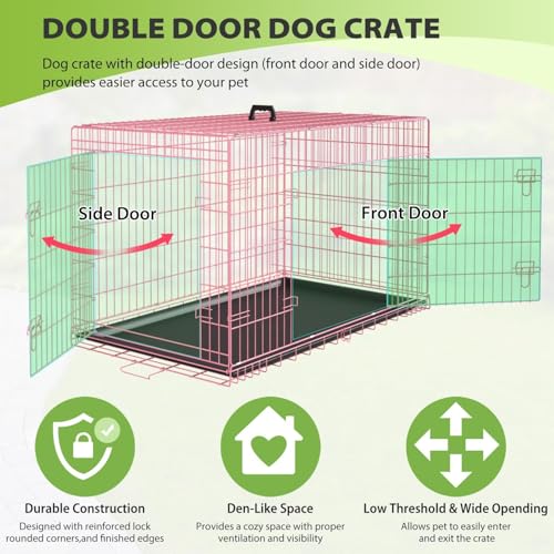 Dog Crate 42" Foldable Metal Kennel with Double Doors (Pastel Pink)