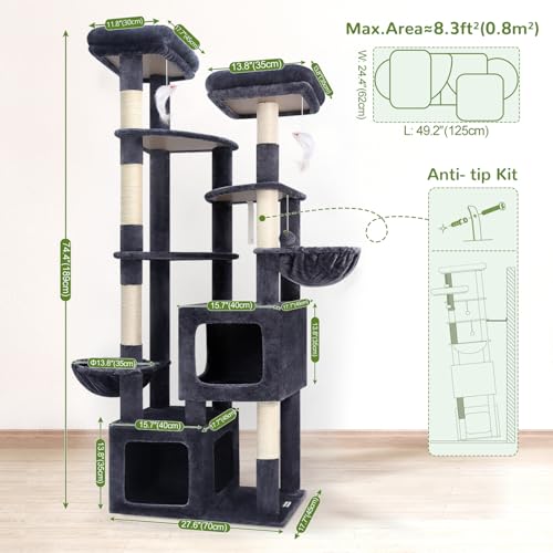 S74E Pro Heavy Duty Maine Coon Cat Tree for Large Cats (Dark Grey / 74 inch)