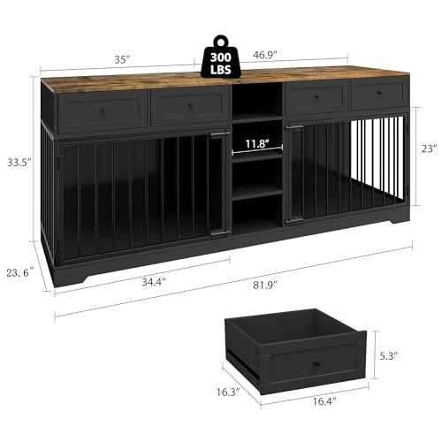 82" Double Dog Crate Furniture with Drawers and Shelves (Black / 81.9"L x 23.6"W x 33.5"H)